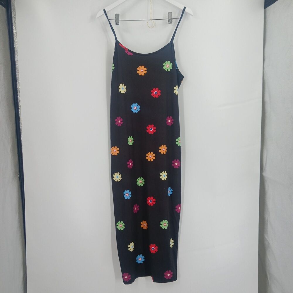 womens shein Plus Size 3XL Black Colorful Floral Print Cami Midi Dress